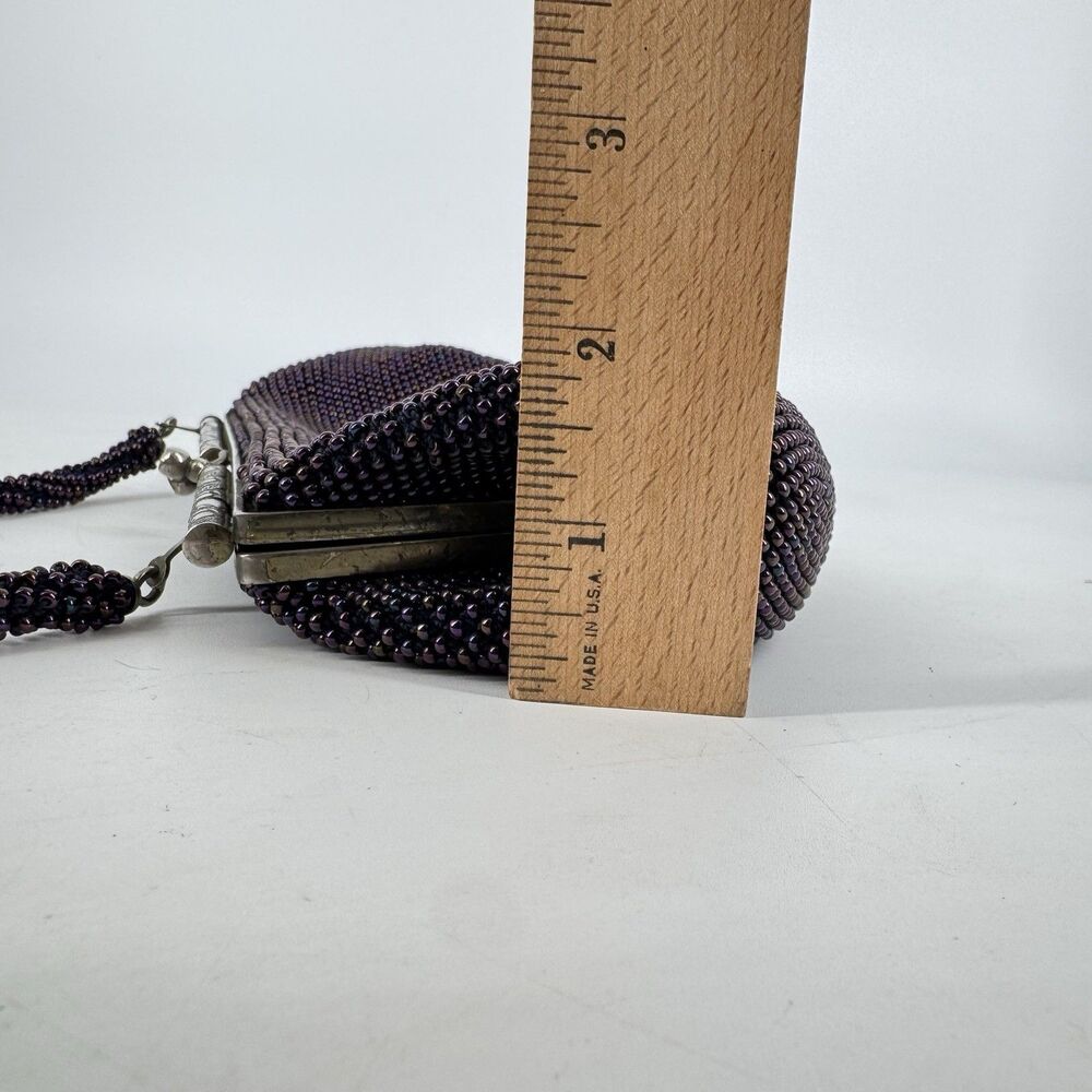 Vintage Purple Beaded Evening Bag Clutch Purse Silver Frame Kiss Lock 10” - Picture 11 of 11